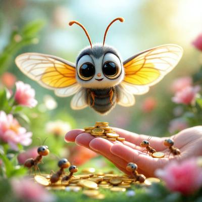 The primary subject of the image is a cute, colorful butterfly with a smile on its face. The butterfly is perched on a person's hand, which is holding a pile of gold coins. The setting is a garden, with pink flowers surrounding the scene. The visual style is a combination of photo and digital art, creating a whimsical and charming atmosphere. The colors are predominantly pink and gold, giving the image a warm and cheerful mood.